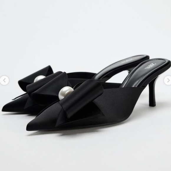 ZARA FAUX PEARL BOW HEELED MULES, size 40, BLACK - Picture 1 of 9